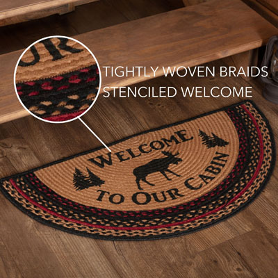 Cumberland Stenciled Moose Jute Rug Half Circle Welcome to the Cabin w/ Pad 16.5x33
